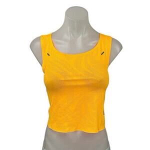 Puma Womens Yellow Mesh Sleeveless Racerback Activewear Fitness Crop Tank Top L